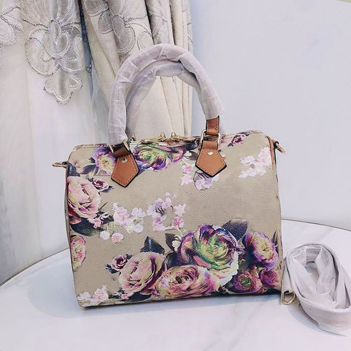 

M21317 Women Pillow Bag Flower Boston Handbags Tote Bag Purse Crossbody Shloulder Bags Canvas Cowhide Genuine Leather Printing High Quality Removable Strap Pouch, Just a box