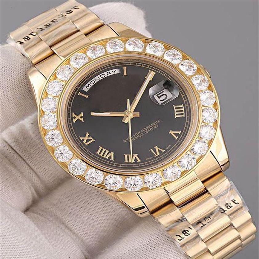 

'Wristwatch Brand President Day Date 18K Gold Men's Watch Big Diamond watch Automatic mechanical Bezel Black Dial Diamon323S