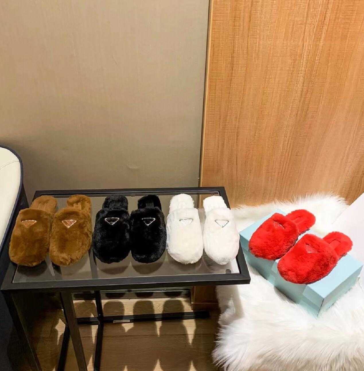

Designer Women Winter Home Slippers Luxury Fuzzy Wool Flat Bottom Shoes Classic Triangle Shield Half Slippers Outdoor Leisure Sandals, Box