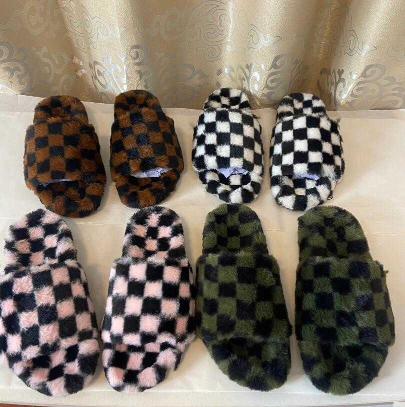 

Black White Lattice Slipper Designer Winter Wool Ladies Printing Slipper Fashion Flat Heel shoes Luxury Plush Fluffy Outdoor Flip-Flops With original box