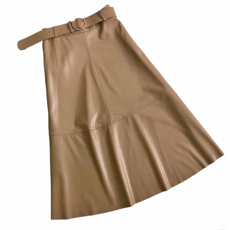 Skirts skirts PEONFLY Autumn Winter Pu Skirt Women Fashion Belt A Line High Waist Midi Long Faux Leather Female Ladies Office Work E20i#-image-799048644
