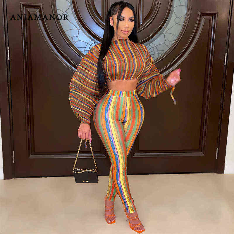

Women's Two Piece Pants ANJAMANOR Striped Print Lantern Sleeve Two Piece Set Women Top and Pants Matching Sets Sexy Woman Fall Clothes Outfits D26-DH45 T220902, Blue