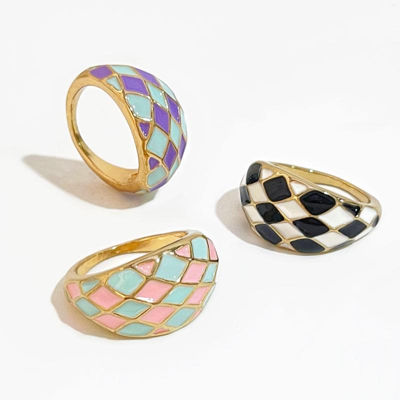 

Cluster Rings Peri'sBox Cute Candy Color Square Plaid Finger Ring For Women Minimalist Colorful Rhombus Enamel Chunky