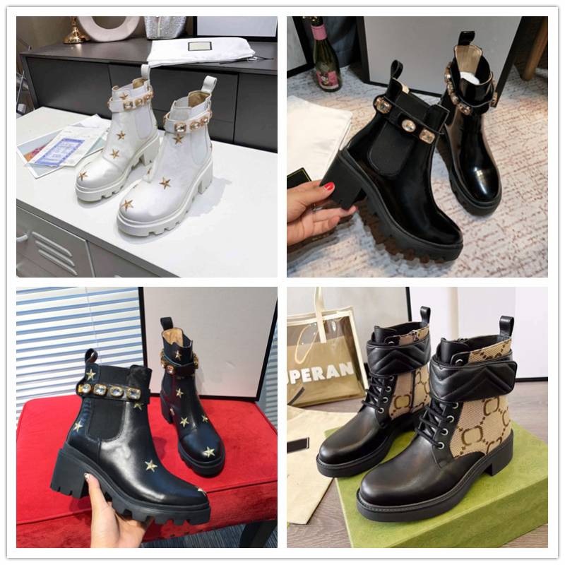 

Designer Women Boots Diamond Genuine Leather Ankle Boots Star Shoes Platform Chunky GHeel Martin Boot Deserts Winter Outdoor Lady Buckle Shoe 35-41, Box