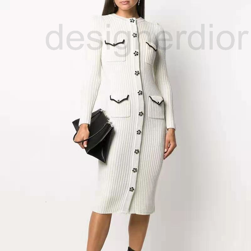 

Casual Dresses designer French single SP Rhinestone button ivory white round neck mixed fabric open knit slim dress long skirt, 2# packing bag
