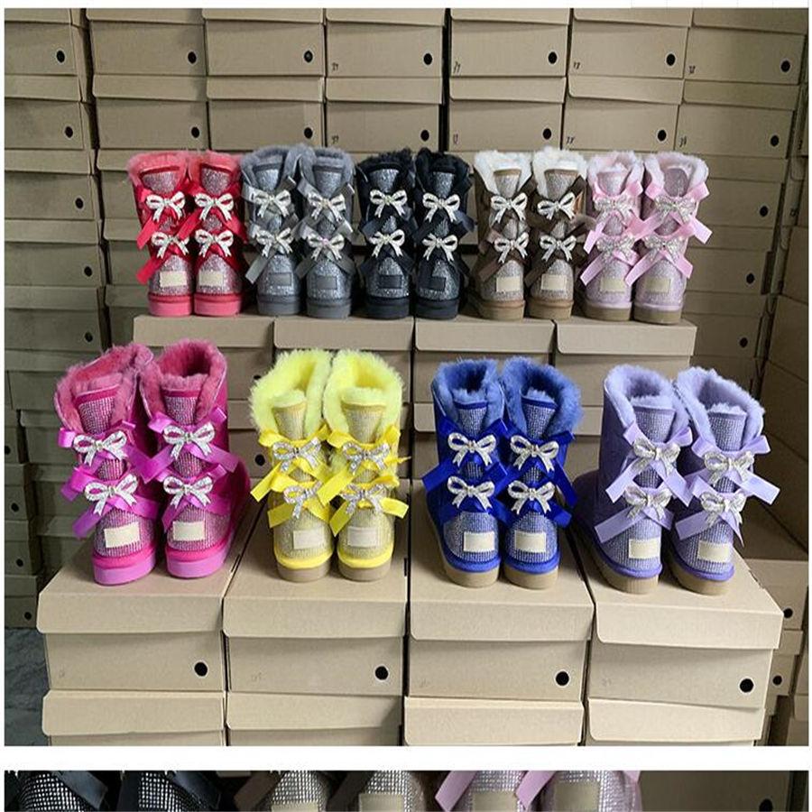 

2022 new diamond woman sheep fur snow boots woman manual iron drill heel bright Bowtie Rhinestone boot, Red