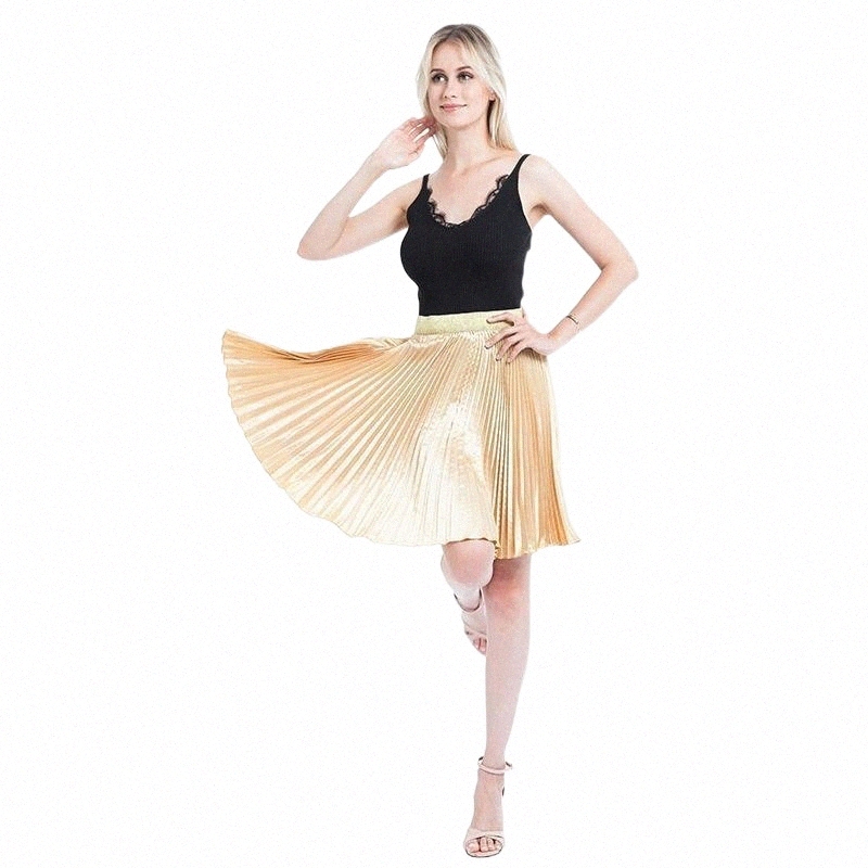Skirts skirts Women Satin Pleated Fashion Women's High Waist Tutu Gold Color Big Swing Skirt Summer Style Knee Length n7Nt#-image-799072264