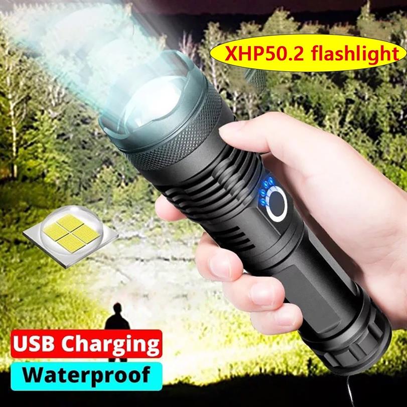 

high lumens XHP50 2 most powerful led flashlight usb Zoom Tactical torch xhp50 18650 or 26650 Rechargeable battery hand light Y200727302M