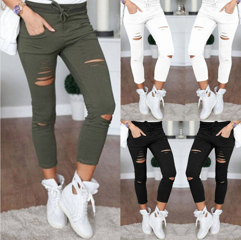 

Jeans Pants Solid Drawstring High Waist Pencil Pants Ripped Skinny Leggings Plus Size Ladies Stretch Slim Streetwear Leggings, Dark green