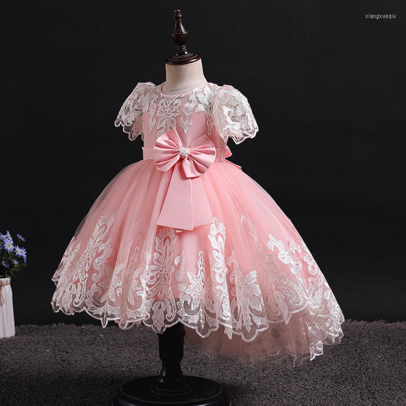 

Girl Dresses 2022 Year Formal Dress Trailing Skirt Western Style Mesh Embroidery Print Bow Ball Gown For Old Children 1-6, Pink