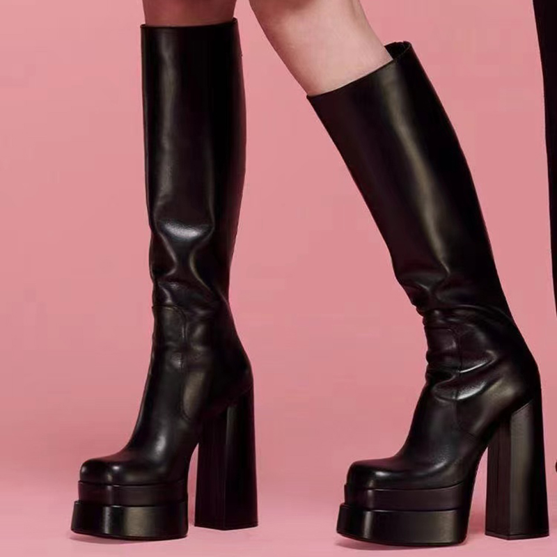 

Waterproof thick heel knee high boots women's square head side zipper 15.5cm leather Sexy White Pink Black luxury designer fashion Knight Martin boots