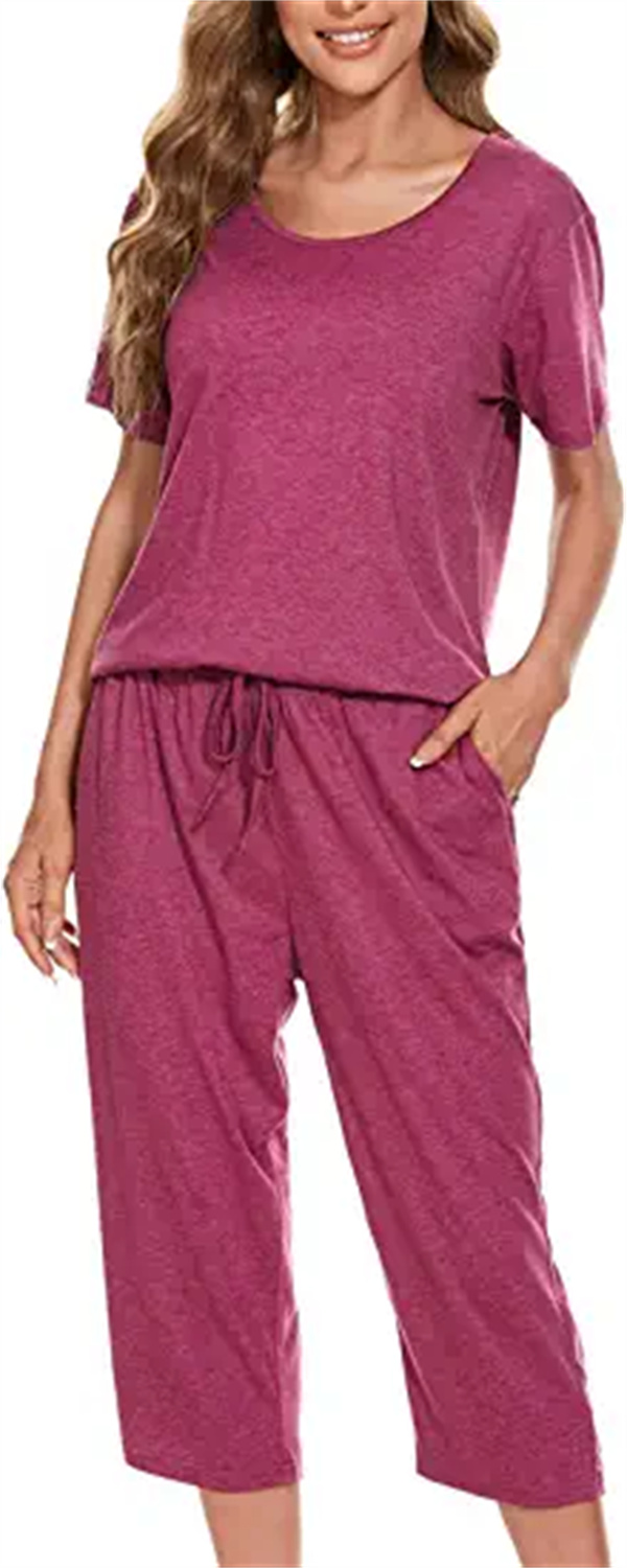 

Womens Home Clothing Pajamas Set Shorts Soft Lounge Sets Cute Short Sleeve Sleepwear Pjs with Pockets-Fuchsia