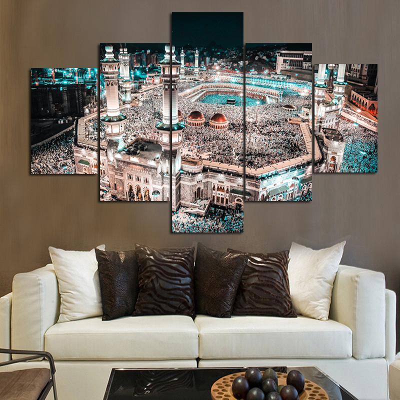 

Wall ART 5Panel Print Islam Mecca Sacred Mosque Night Landscape on Canvas Religious Architecture Wall Modular Painting for Living Room
