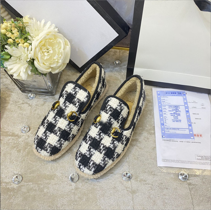 

Winter Casual Shoes Women Textured Wool Loafer Fabrics Rubber Midsole Flat Home Shoe Lady Check Tweed Walking Loafer size 35-42, Brown