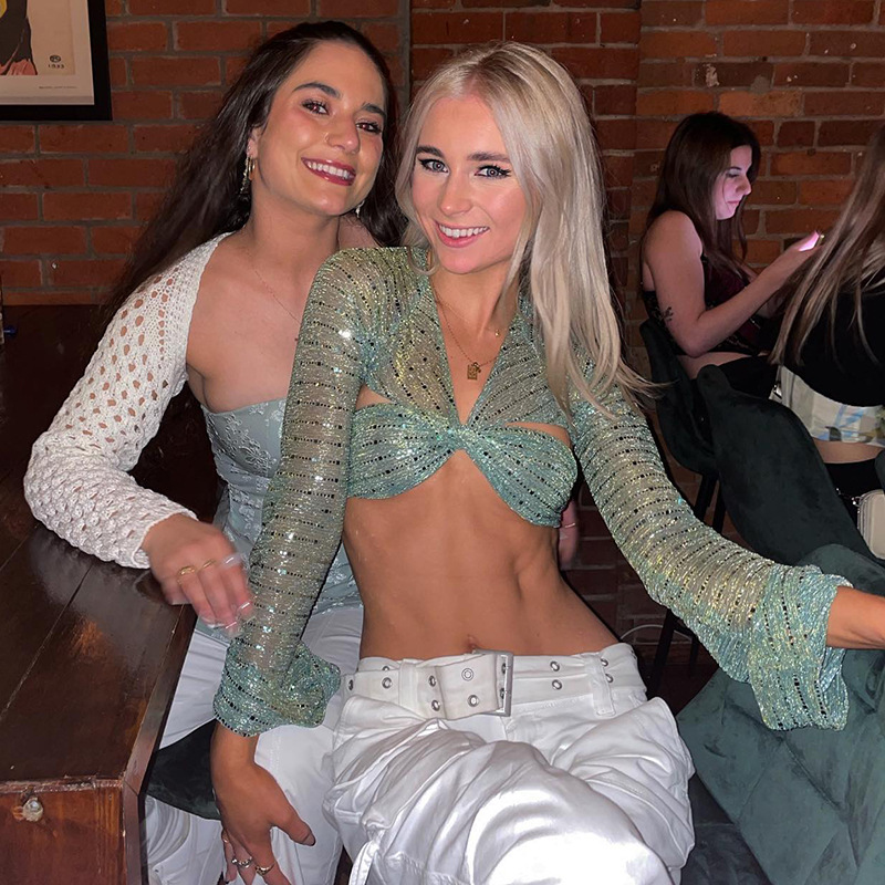 

Women' T Shirts V Neck Transparent Women Sexy Long Sleeve Elegant Club Party Y2k Tops Solid Casual Hollow Out Tee Shirt Femme, Green