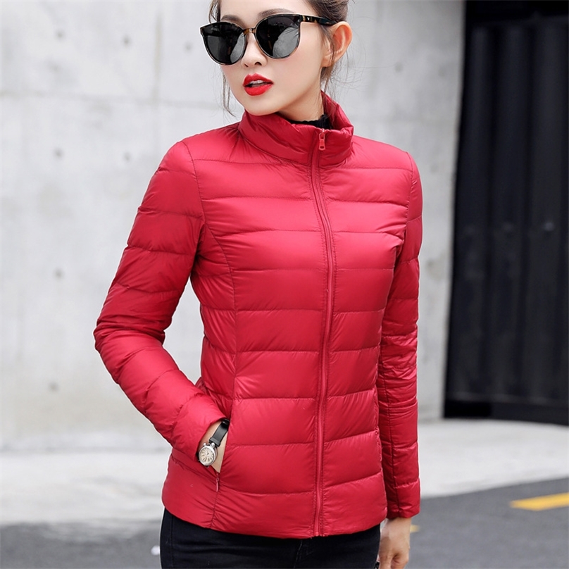 Women's Down Parkas Light Duck Down Puffer Coat Women Autumn Coats Warm Duck Down Female Casual Jacket Stand Collar Pocket Lady Slim Jacket 3XL