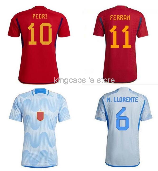 

2022 Customized Spain home Thai Quality Soccer Jerseys 12 Ansu Fati 9 Gavi 16 Rodri 8 Koke THIAGO 10 SERGIO 5 ISCO 22 RAMOS 15 football wear sports kingcaps wholesale, 2022 away blue with patch