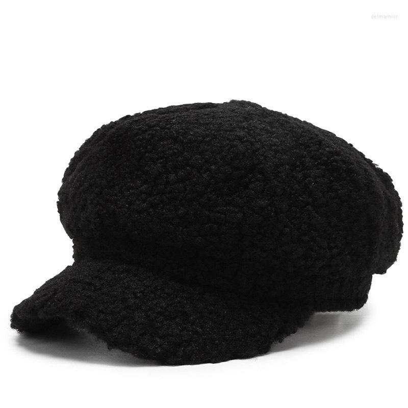 

Berets Female Octagon Sboy Cap For Women Lambswool Hat Japanese Style Caps Solid Color Warm Outdoor Autumn And Winter Trendy, Black