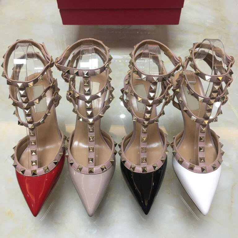 

2022 Summer Woman Sandals High Heels Sexy Rivets Shoes Genuine Leather Sandal 6cm 8cm 10cm Wedding Shoes 35-44 With Box, Red shiny