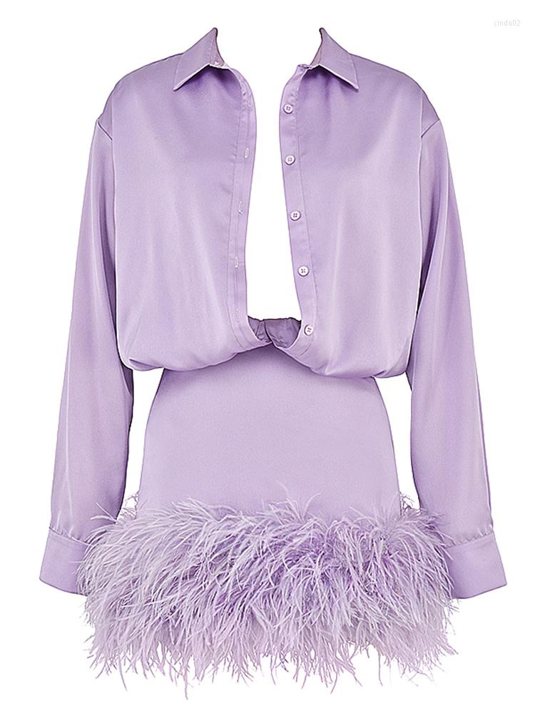 

Casual Dresses Sexy Patchwork Feathers Shirt Dress For Women Lapel Long Sleeve Gathered Waist Short Mini A Line Female Spring, Purple