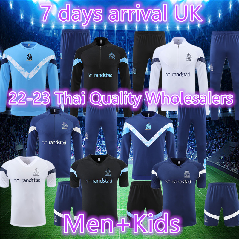 

Thai quality Top 2022 2023 Marseilles trascksuit MEN AND KIDS set Football Soccer Training Suit 22 2023 OM Survetement Maillot Foot Chandal short sleeves, Blue