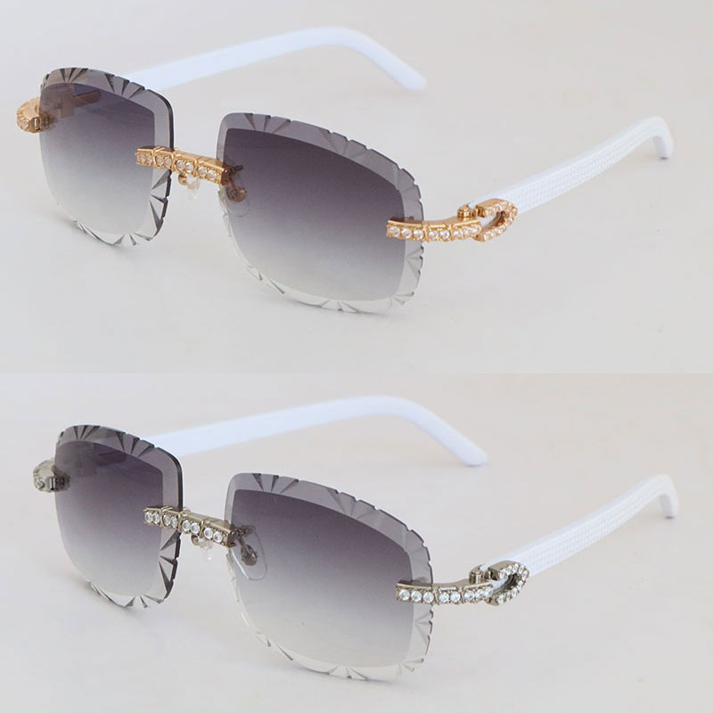 Big Diamond Set White Plank Sunglasses for women Original Rimless Designer glasses Womans 8200758 Luxury Diamond Cut Lens Mens Fashion ins net red s