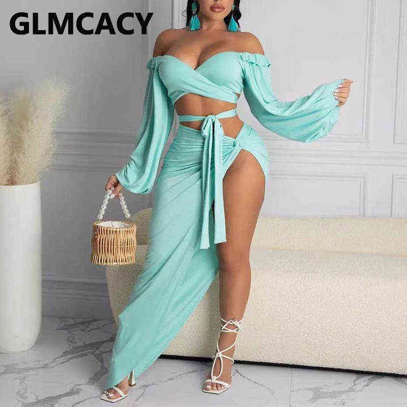 

Women's Two Piece Pants Two Pieces Sets Sexy Club Women Off Shoulder Top Slit Bodycon Skirts T220902, Pink