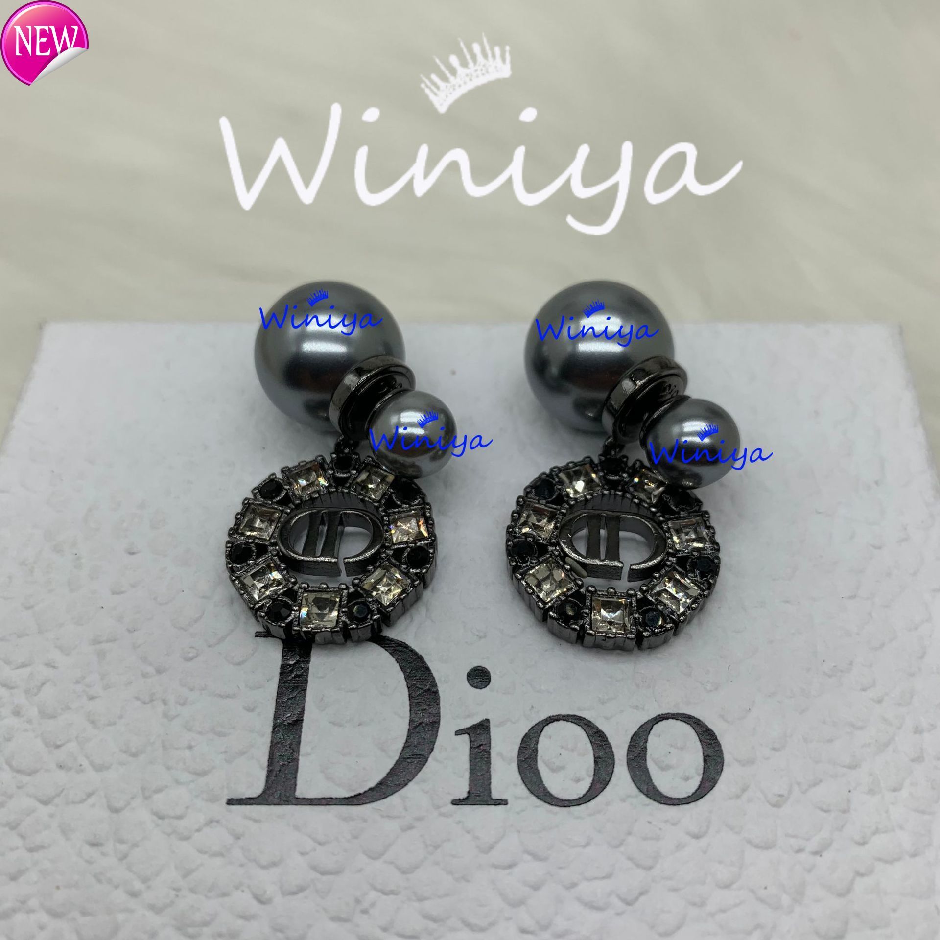 Boucles d'oreilles de conception de marque de luxe D Famille / nouvelle lettre carrée diamant perle noire personnalisée Black Fashion