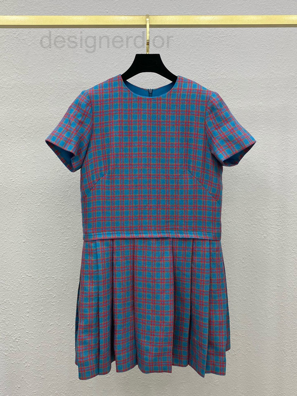 

Casual Dresses designer Classic college Blue Purple Plaid round neck short sleeve dress elegant and versatile age reducing wool pleated skir, 2# packing bag