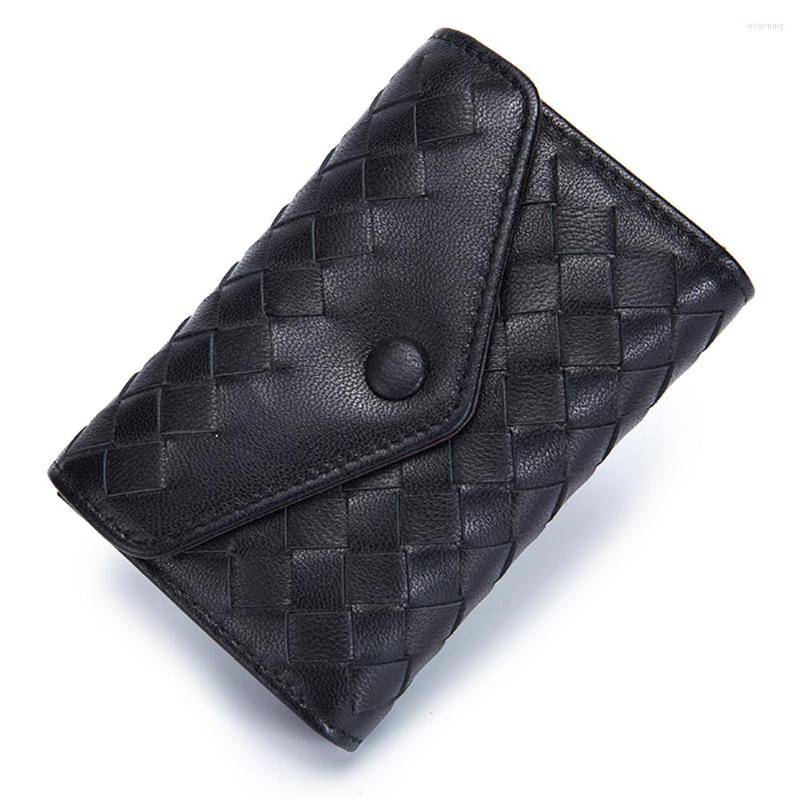 

Card Holders Women Genuine Leather Sheepskin Woven Cardholder Ladies Business ID Holder Mini Envelope Organ Wallet Men Porte Carte, Black