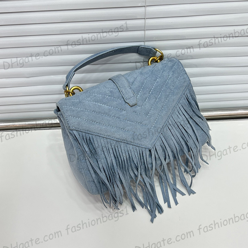 

France Womens Suede Fringe College Envelope Bags With Tassel Chevron Line V-stitch Top Handle Totes GHW Crossbody Shoulder F/W Multi Pochette Handbags 24X6X17CM, Box