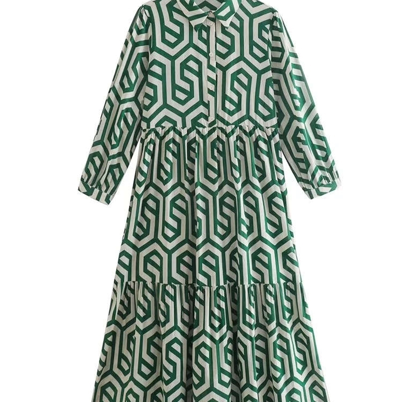 Robes décontractées Zevity Femmes Vintage Géométriques Imprimes Plemages Casual Slim Midi Shirt Robe Female Chic Pleas Ruffles A Line Vestido DS3
