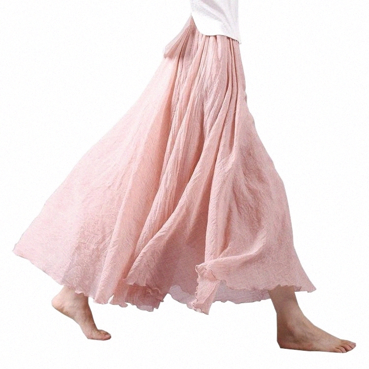 Skirts skirts Drop 2022 Summer Women Skirt Linen Cotton Vintage Long Elastic Waist Boho Beige Pink Maxi Faldas Saia T2xb#-image-799071061