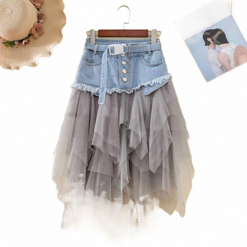 Skirts skirts High Waist Denim Mesh Patchwork Lace Skirt Womens A Line Asymmetric Frill Tulle Gothic Chic A-line Falda 2022 Jupe Femme b1ZL#-image-799059480