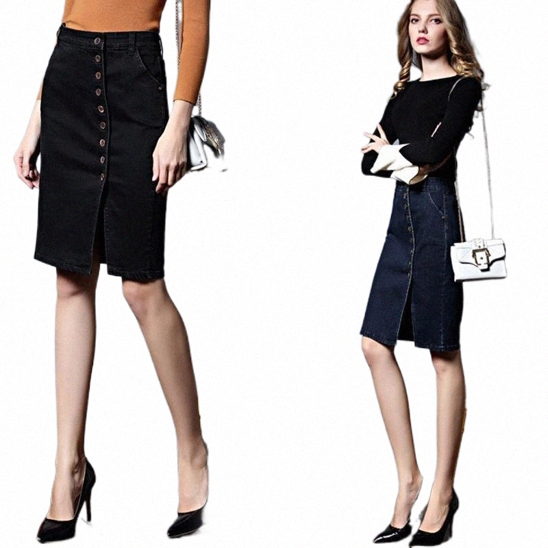 

Skirts skirts Stretch Long Washed Denim Skirt Button Female Casaul Knee Detail Solid Color Ladies Bust Plus Size S-6XL K62L#, Dark blue