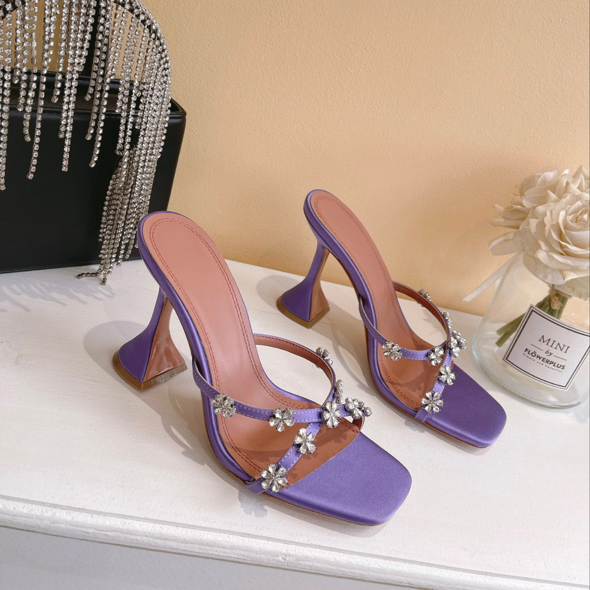 

Amina Muaddi Lily flower crystal embellished strap slippers mules Evening shoes Rhinestone Satin for women heels Luxury Designers heeled sandals factory footwear, Black