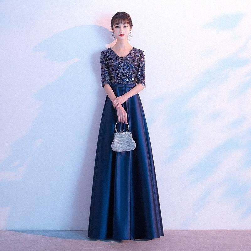 Ethnic Clothing ethnic Clothing Navy Blue Sequins Qipao Beads V-neck Bandage Cheongsam Bling Female Sexy Bowknot Dresses Gown Sparkly Pleated Chi-image-799051796
