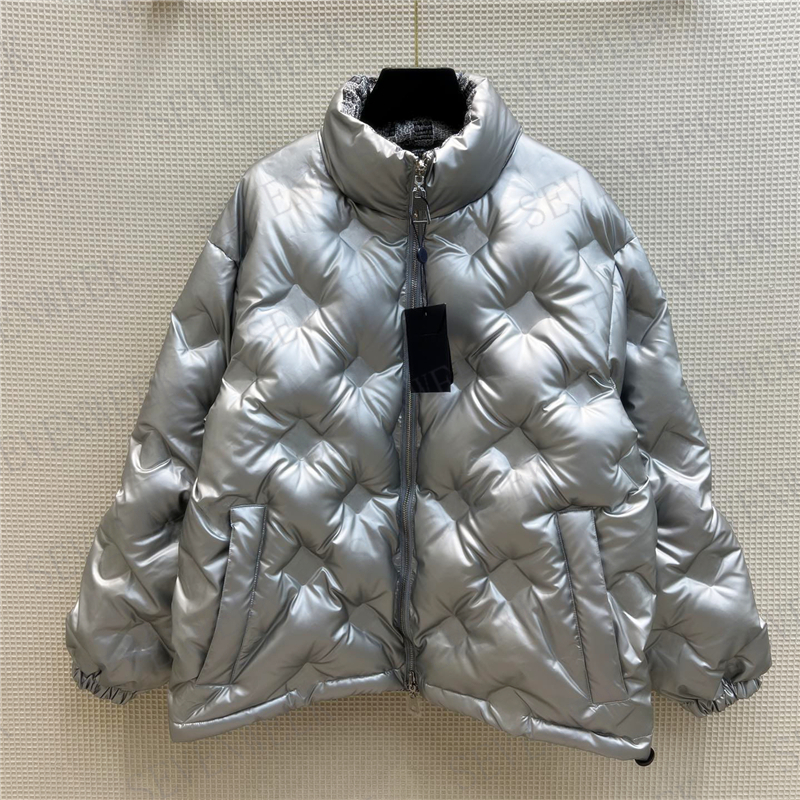 

Silver Embossed Down Jackets Parkas For Women and Men Designer Print Womens Coats Windbreaker Puffer Jacket Can Worn Both Sides, Extra shipping/no ship