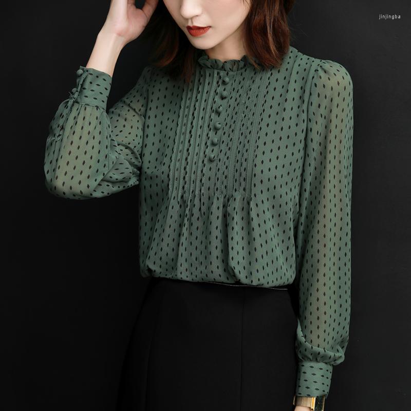

Women's Blouses Fashion Women's Autumn 2022 Spring Blouse Women Chiffon Shirts Long Sleeve O-Neck Polka Dot Printed Blusas 605J, Black
