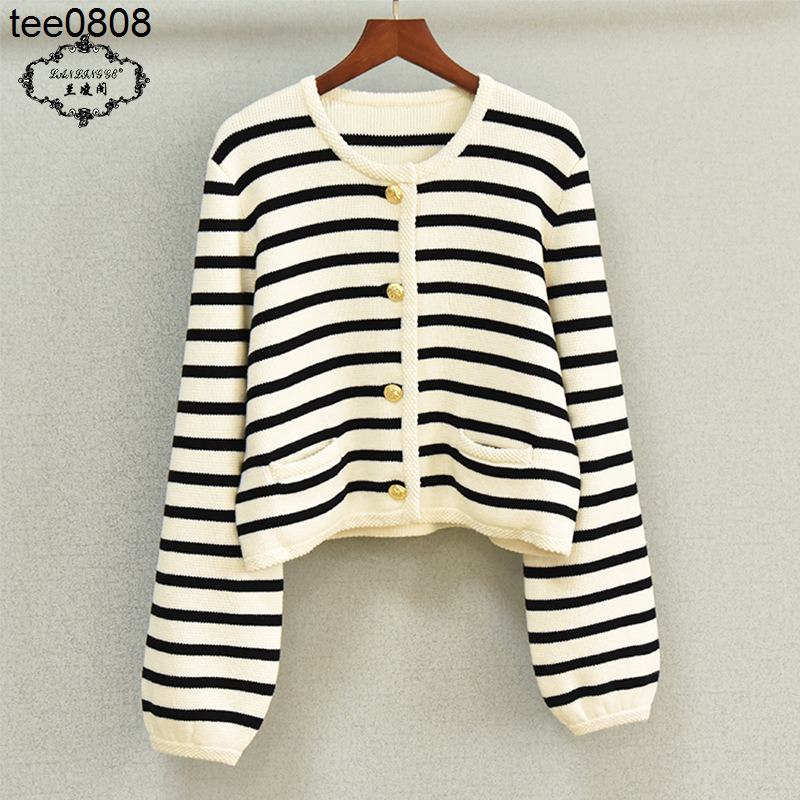 2022 Veste automne et hiver nouveau celinss maison laine noir et blanc rayure bouton d'or pull taille haute femmes court manteau cardigan tricoté