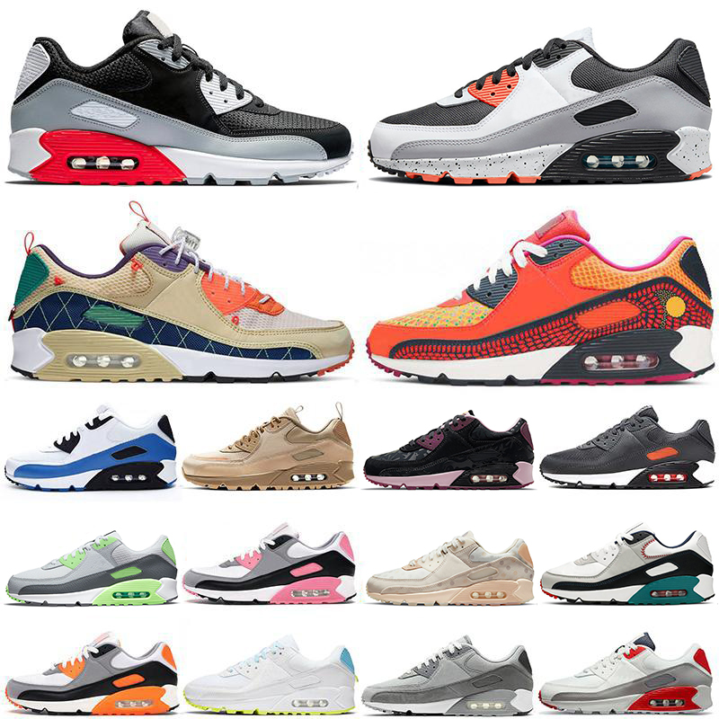 

Classic 90s Men Women Running Shoes Max 90 Scarpe Worldwide Leather Triple White Black Polka Infrared Court Purple Trail Team Gold Trainers Sports Sneakers, Box
