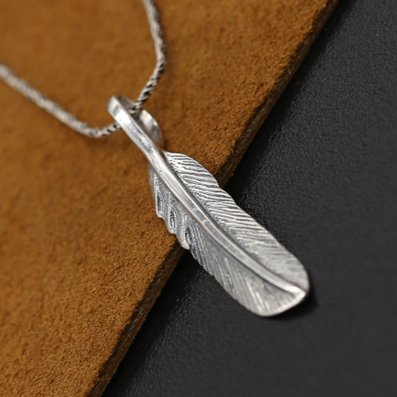 925 Sterling Silver Feather Pendant Necklaces American European Vintage Handmade Antique Punk Gothic Hip-Hop Luxury Jewelry Accessories Gift-image-799213456
