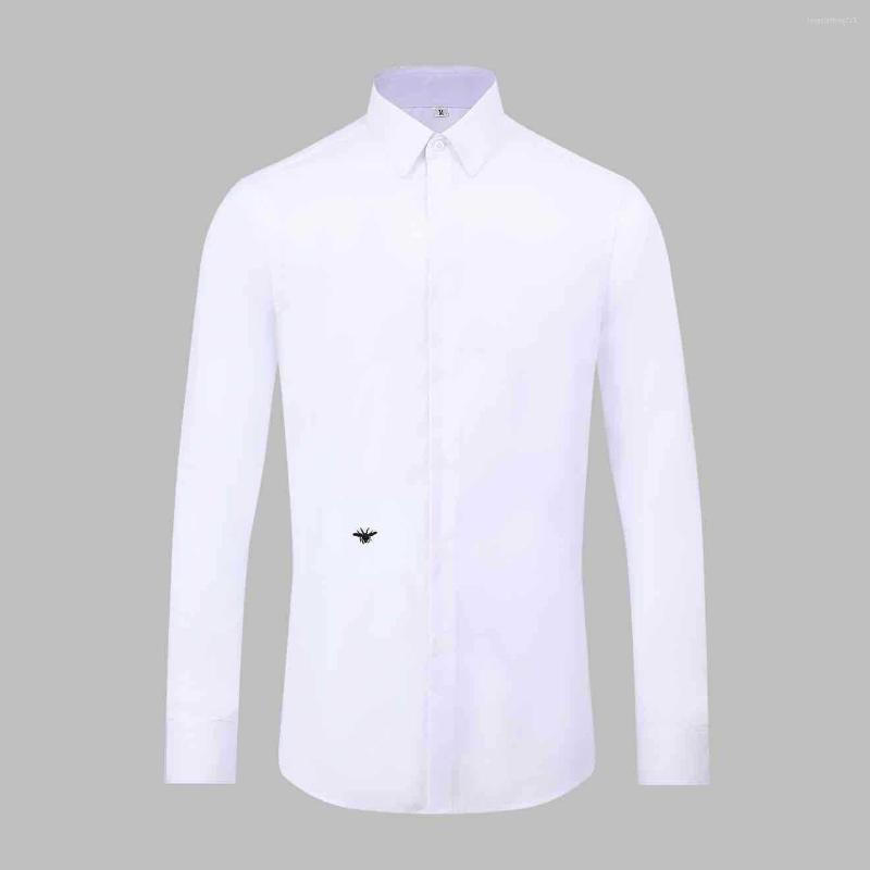

Men's Dress Shirts Little Bee Embroidered Men's Shirt Solid Color Long Sleeve European Station Business Casual Style Slim White