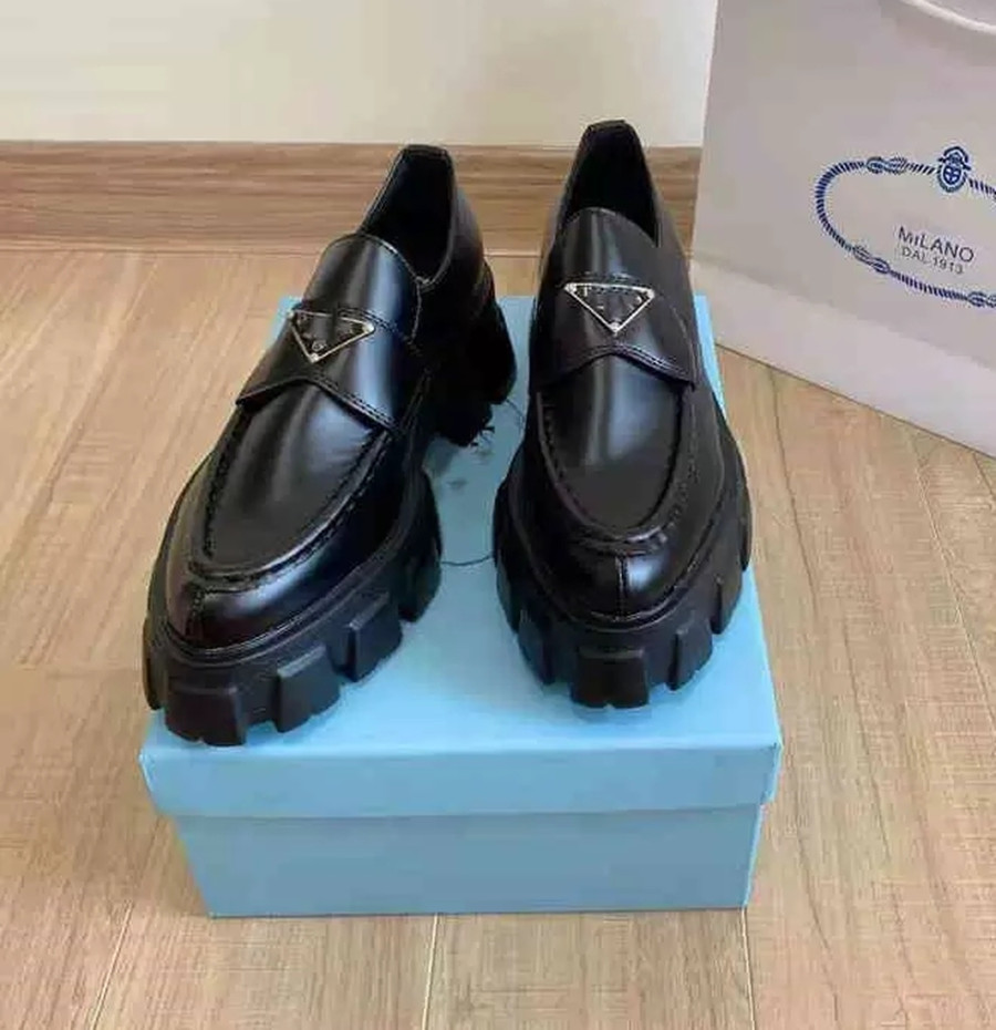 

Women With Box Shoes Luxury Designer Brand Dress Shoe Metal Triangle Monolith Brushed Leather Loafers Platform Heel Pointed and Round Toes Eu35-41