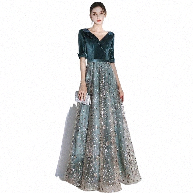 Ethnic Clothing ethnic Clothing Bling Sequins Appliques Cheongsam Pleated Velour-Mesh Patchwork Qipao V-Neck Half Sleeve Prom Party Dress Gown Ba-image-799056470