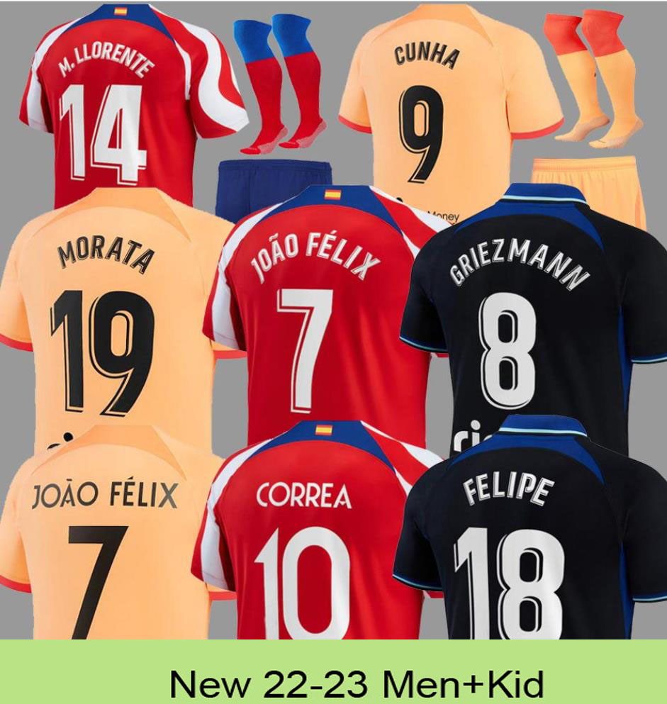 

22 23 Atletico Madrids Soccer Jerseys MORATA GRIEZMANN JOAO FELIX 2021 2022 M.Llorente CORREA KOKE Camisetas de futbol LEMAR CARRASCO men kids kit Football Shirt, White