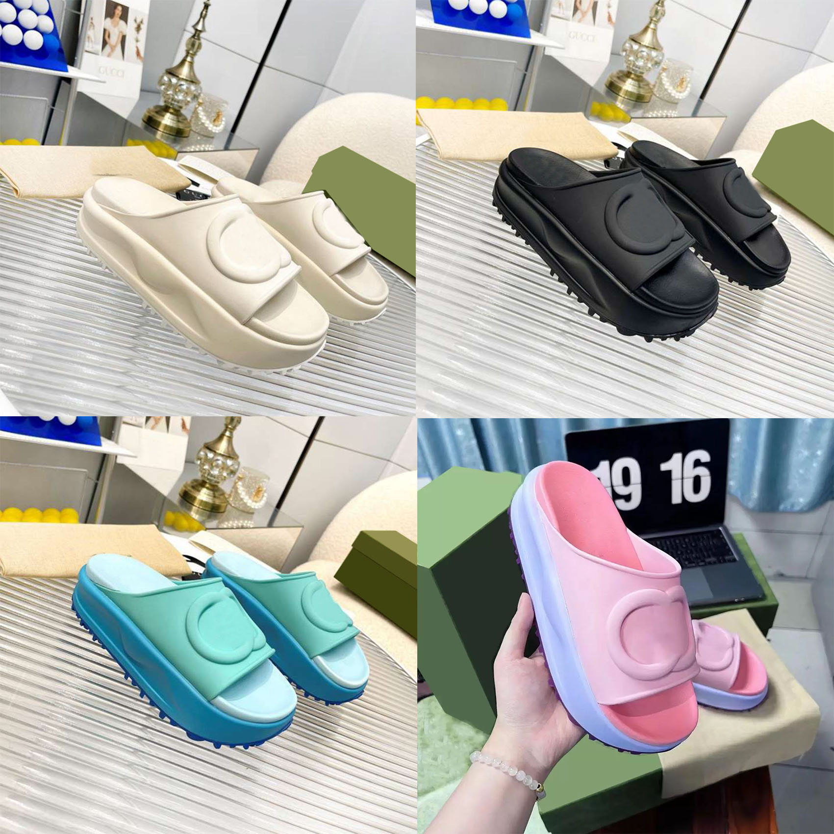 

2022 Designer Slippers Women Miami Rubber Platform Slides Women's 50mm Slipper Slide Sandal With Interlocking Double G Pool Beach High Quantity Size35-41, Color2