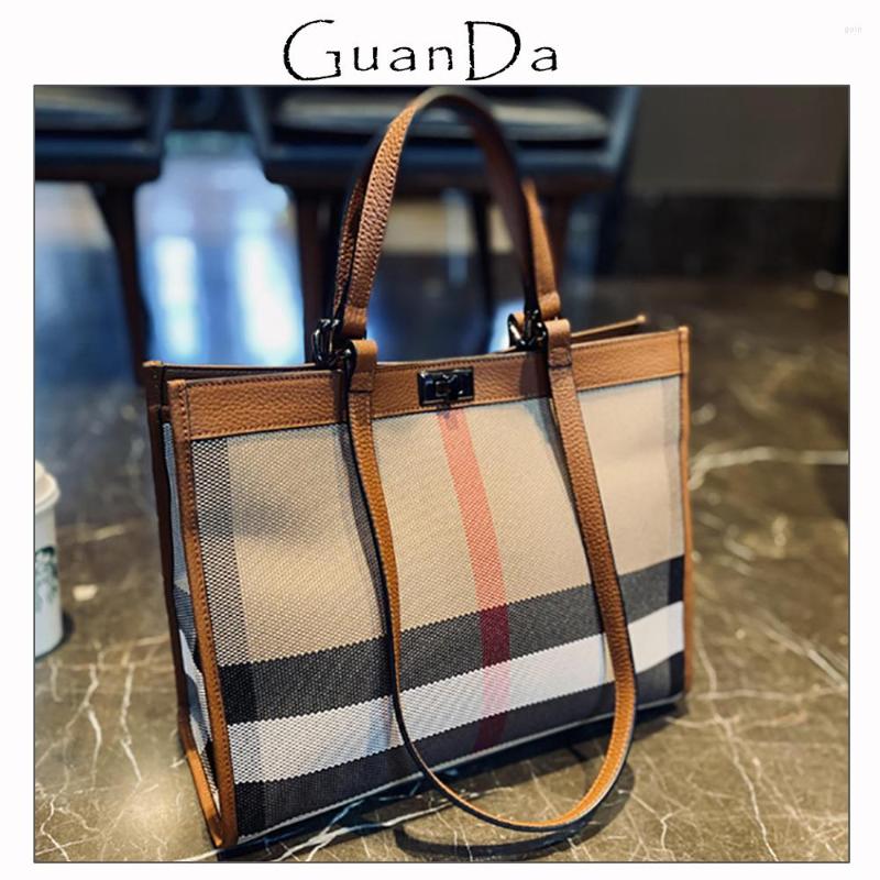 

Shoulder Bags High Capacity Luxury Women Canvas Leather Tote Bag Designer Fashion Large Check Plaid Shopper Handbag Ladies, Black