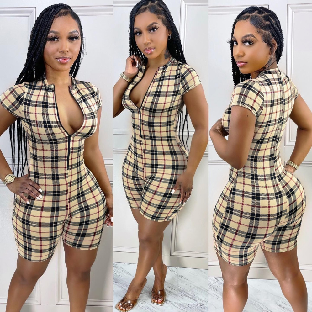 

Women's Jumpsuits & Rompers 2022 Sexy Bodycon Romper Plaid print Short Sleeve Deep V Neck Lapel Zip Front Shorts Jumpsuit cw33, Khaki