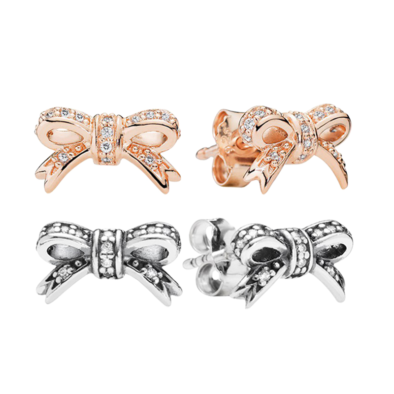 

Cute Women Girls Sparkling Bow Stud Earring Authentic 925 Silver Rose Gold Party Jewelry For pandora CZ diamond Gift Earrings with Original Box